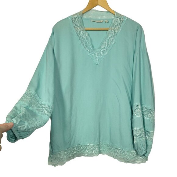 Soft Surroundings Women's Claudia Teal Dust Lace Pebbled Crepe Blouse Size L - Picture 2 of 14
